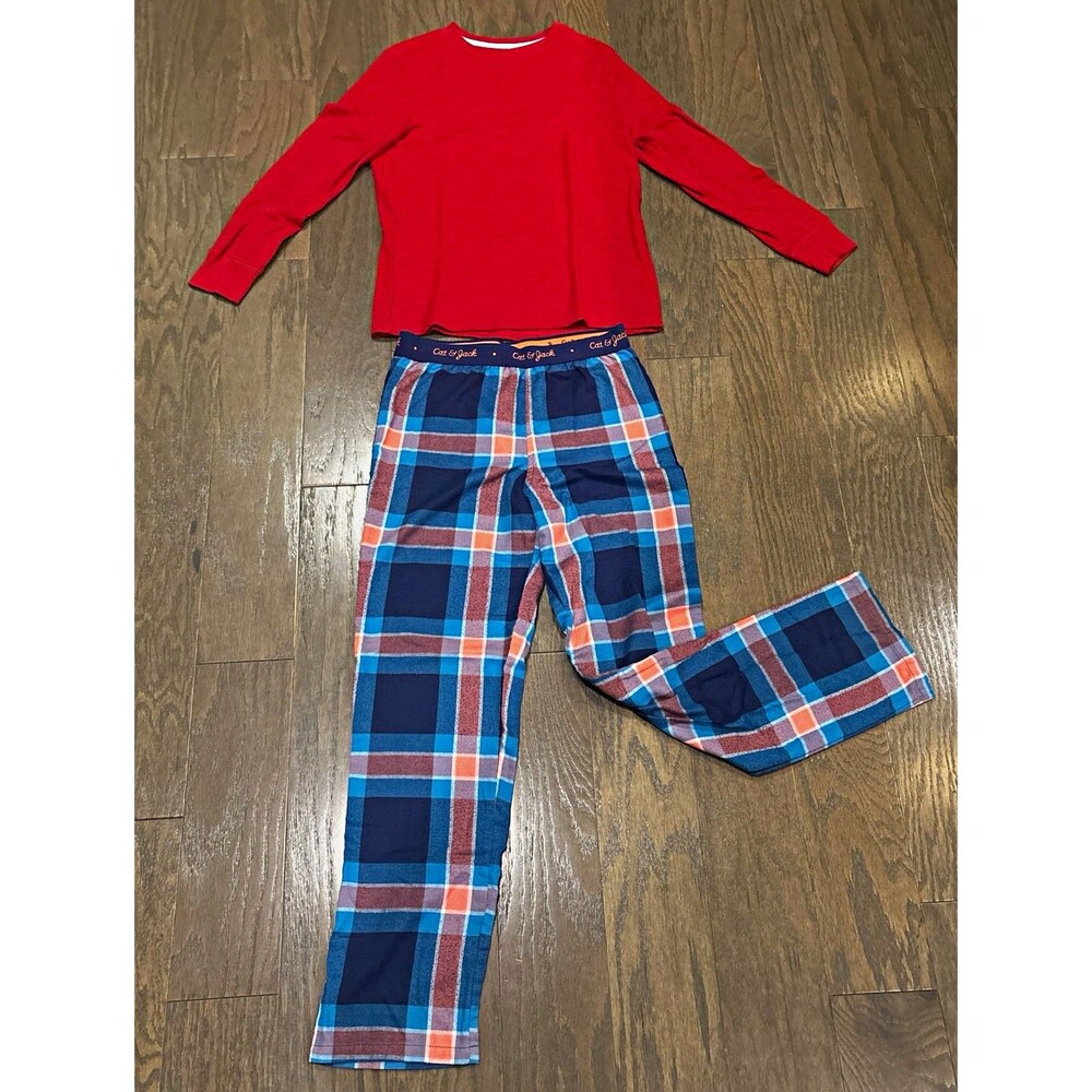 Cat & Jack Boy’s XL (16) 2pc Pajama Set Red Top Blue Plaid Pants Crew